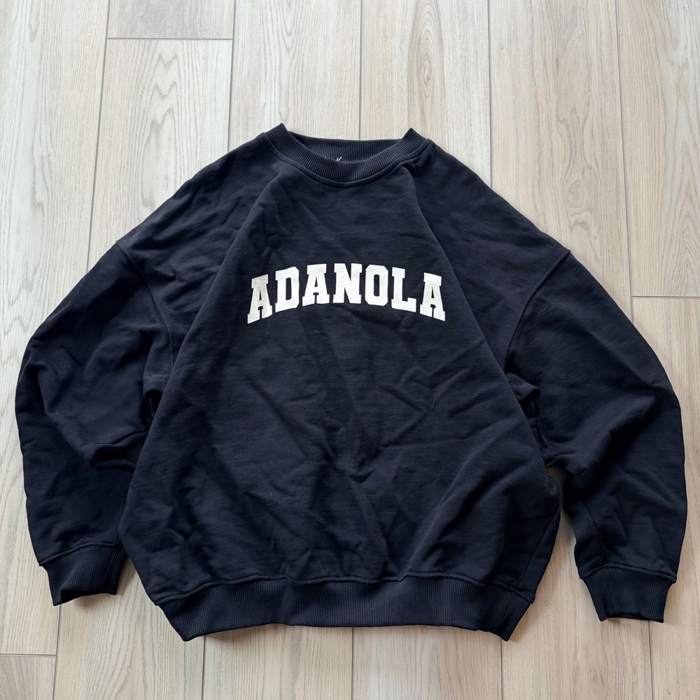 Adanola Sweatshirt Womens M Black Oversized Varsity Logo Organic Cotton Crewneck